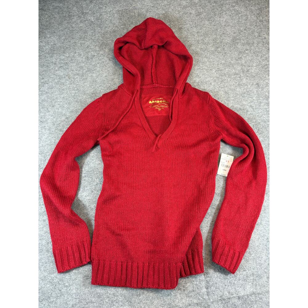 Vintage Arizona Sweater Hoodie Women Large Red V-Neck Knit Long Sleeve Retro Y2K